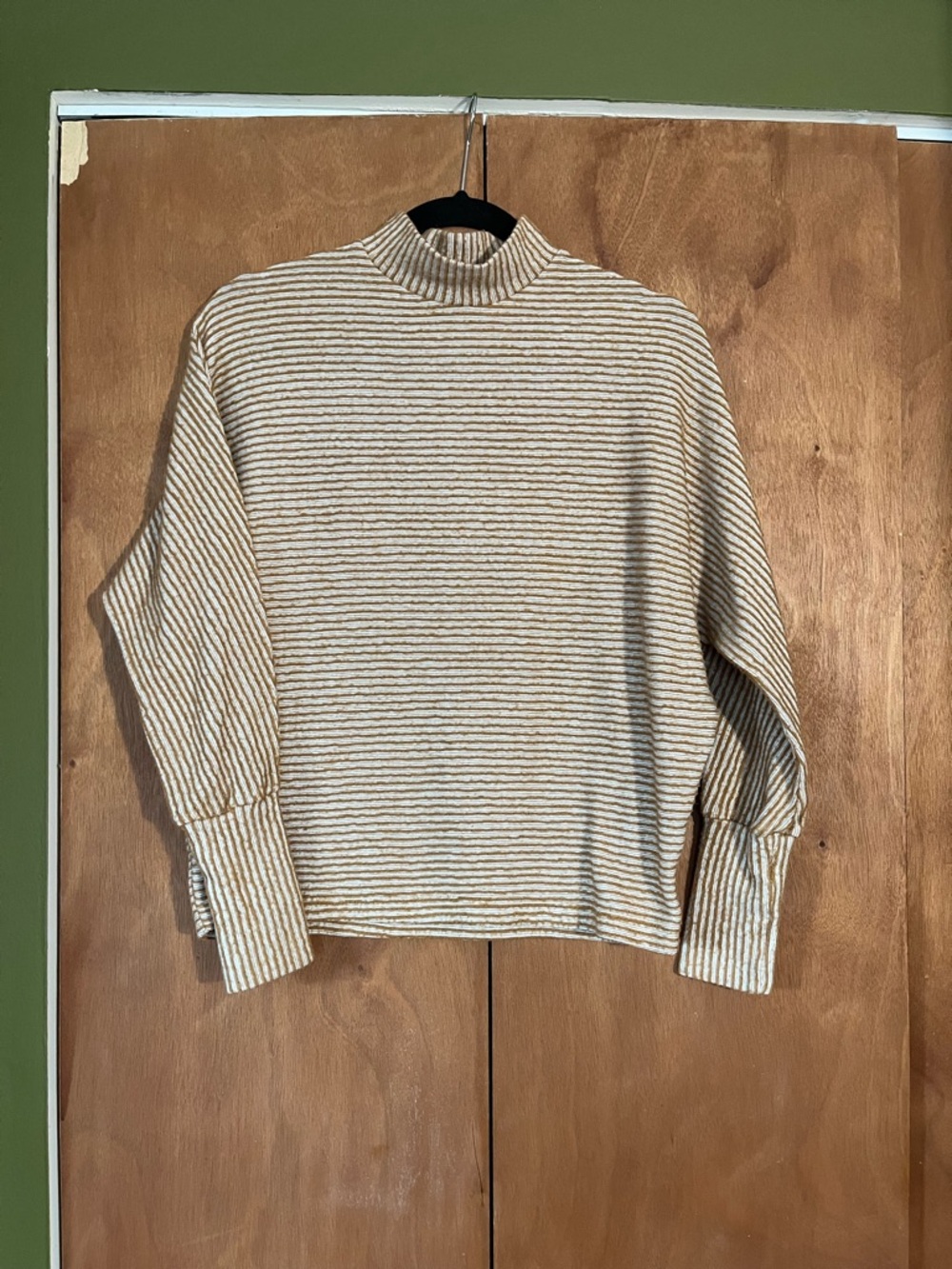 Striped Mock Neck Sweater in Light Tan